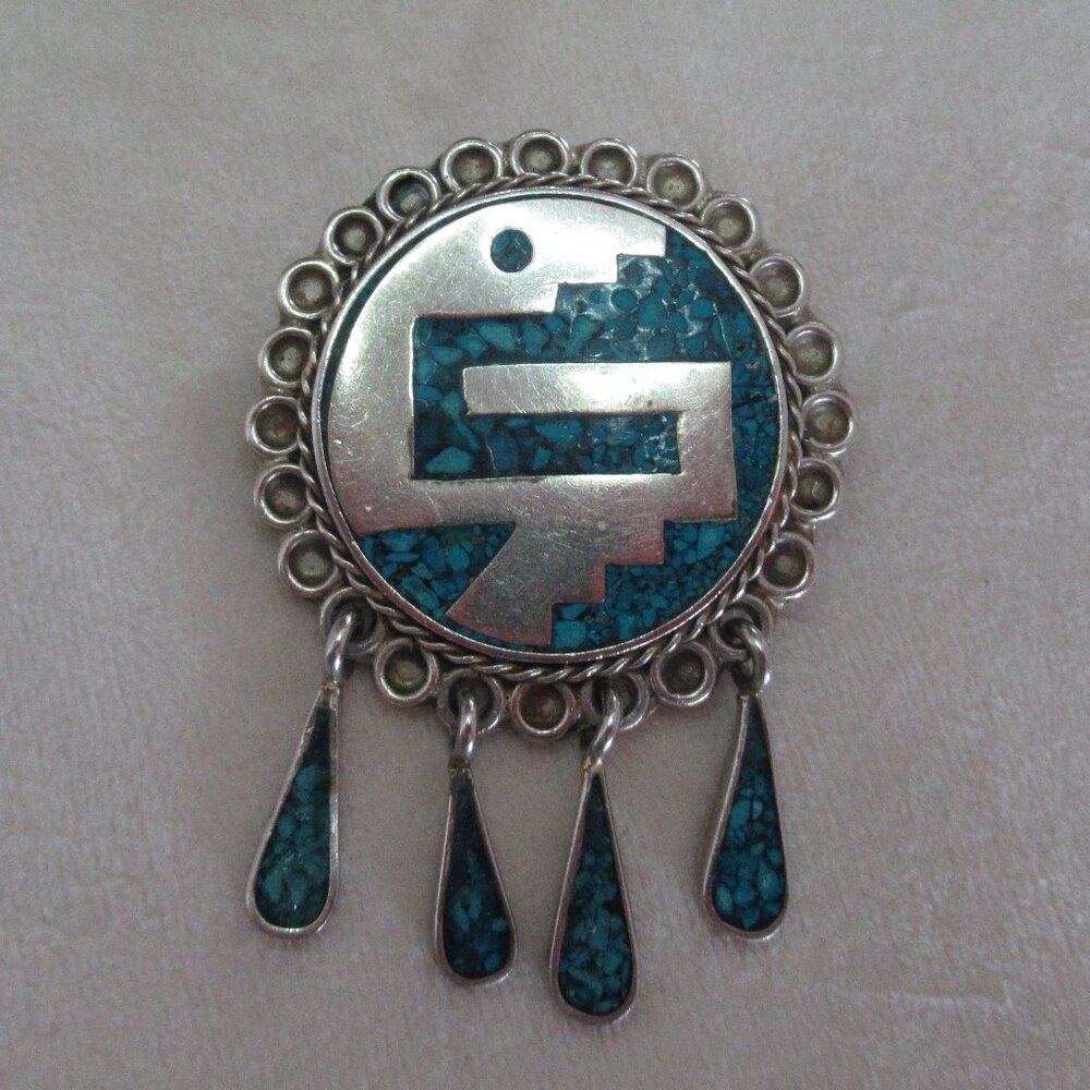 Vintage Alpaca & Turquoise Chip Inlay Pin Brooch Pendant From Taxco Mexico